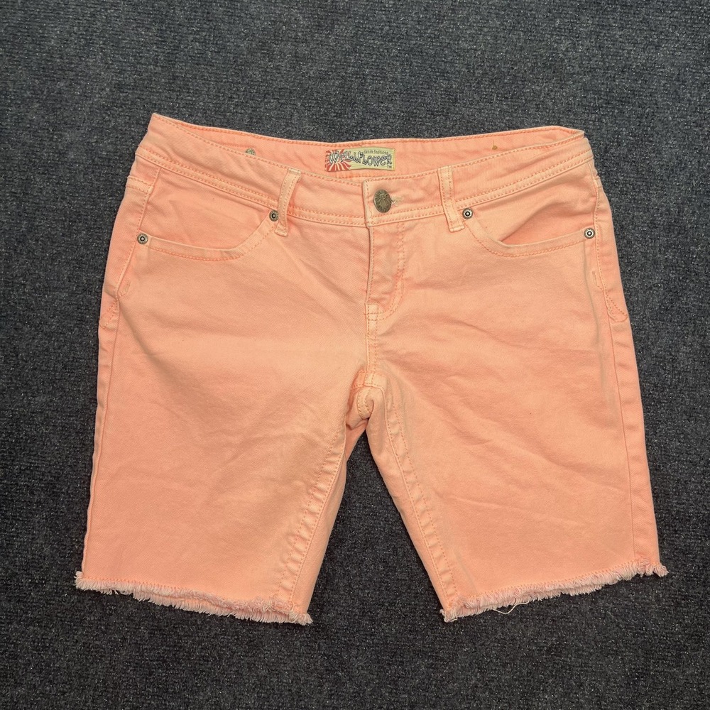 Wallflower Shorts Womens 7 Orange Denim Bermuda Stretch Raw Hem Casual 5 Pocket